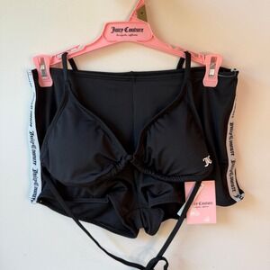 New Juicy Couture Medium 2 pc Bikini Bathing Swim Suit Black White Shorts Sporty